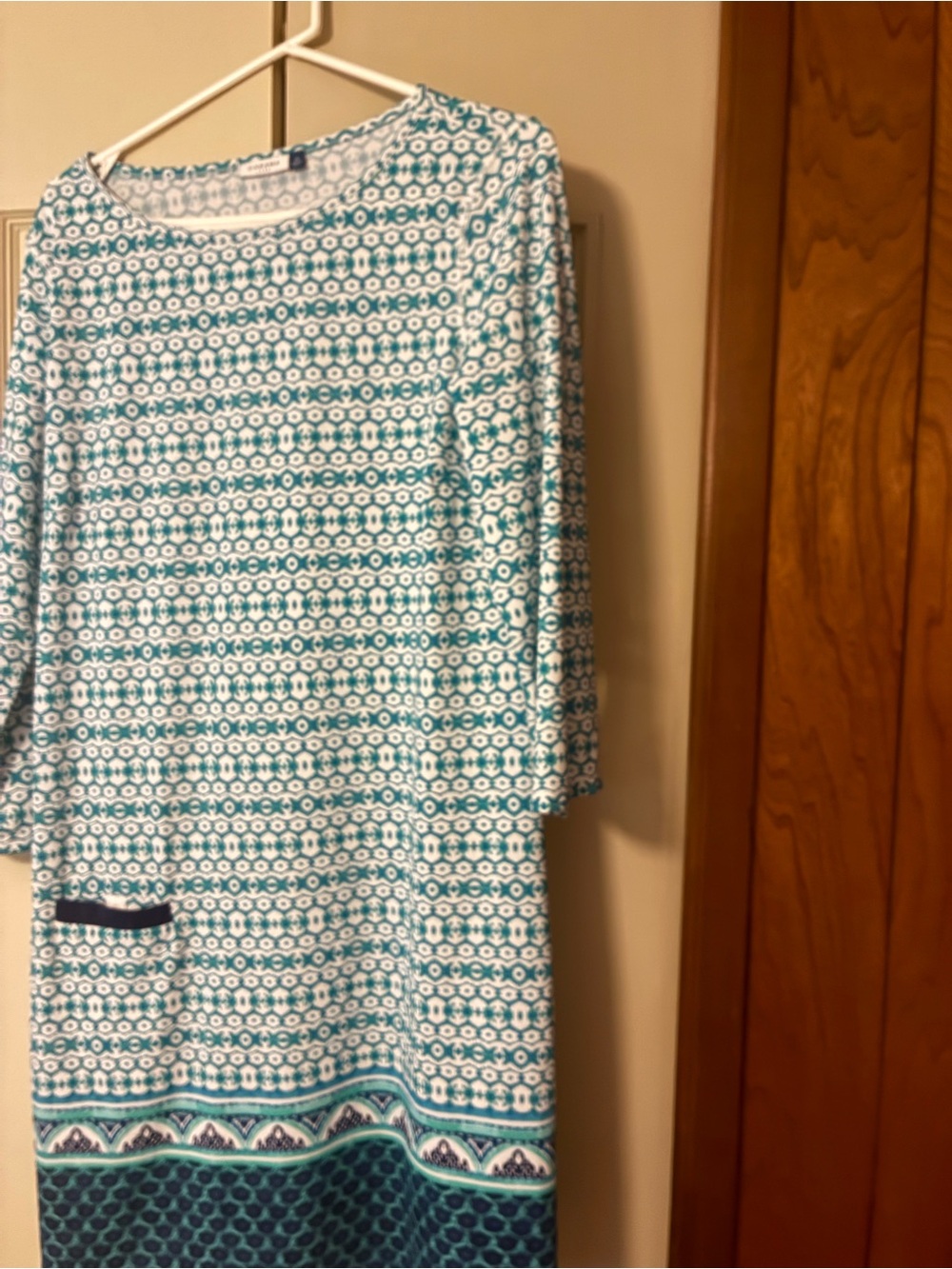 Cabana Life Teal and White Patterned Long Sleeve Dress